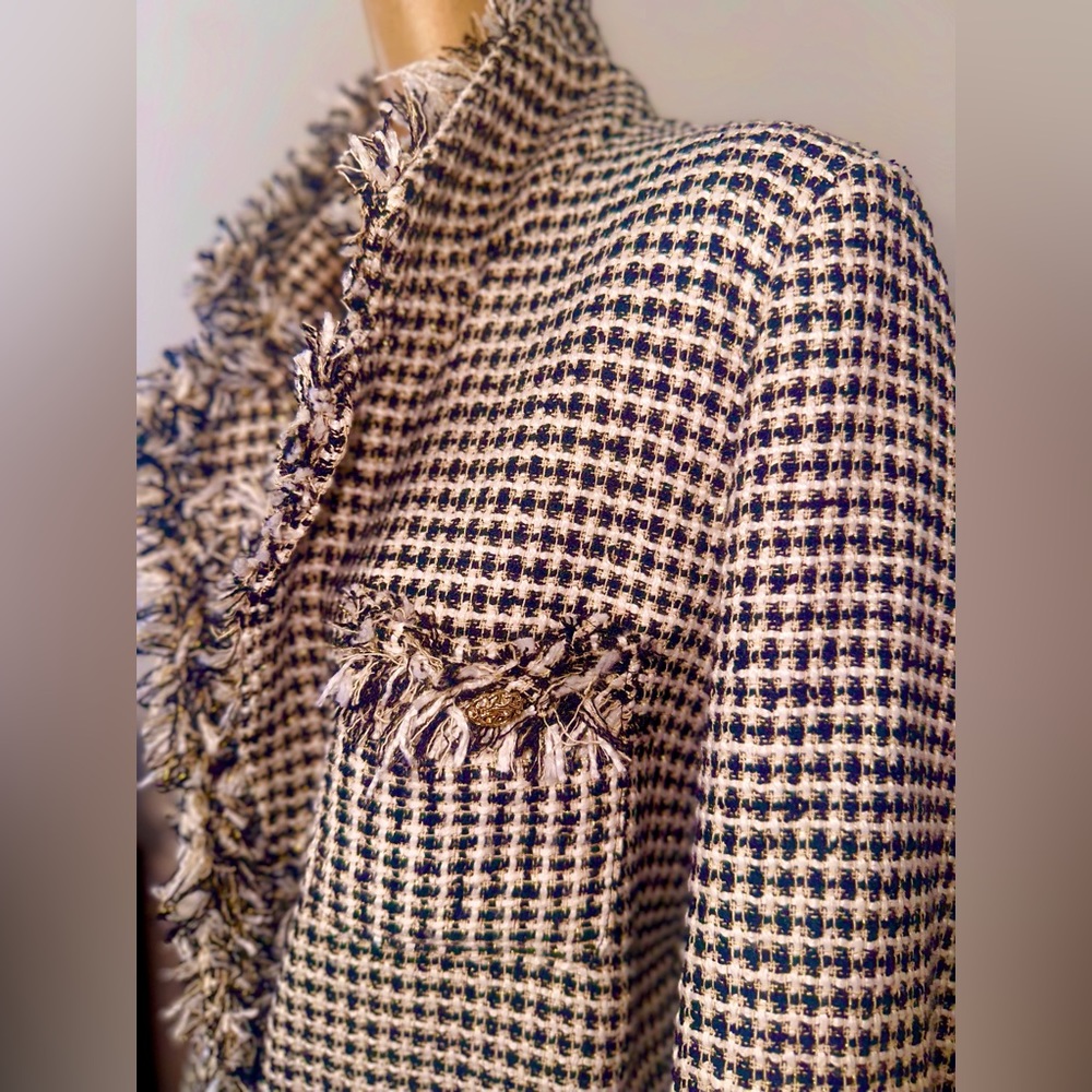 Lea & Viola Tweed Fringe Blazer with metallic gold threading throughout.